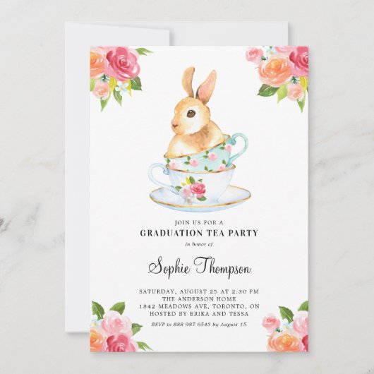 Waterverf Bunny over Teacups Floral Afstuderen Kaart (Voorkant)