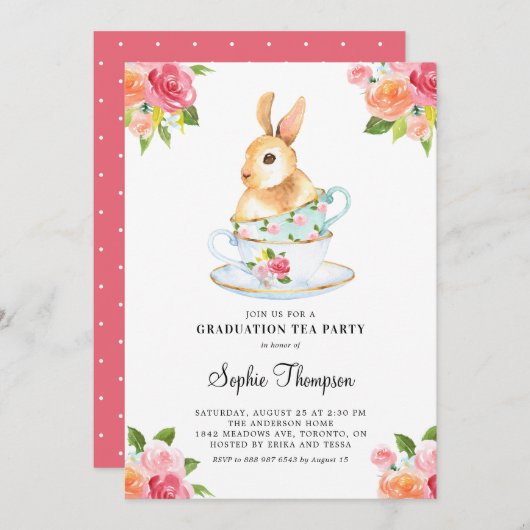 Waterverf Bunny over Teacups Floral Afstuderen Kaart (Voorkant / Achterkant)