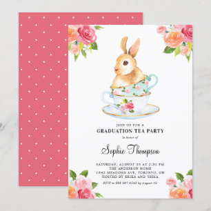 Waterverf Bunny over Teacups Floral Afstuderen Kaart