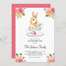 Waterverf Bunny over Teacups Floral Easter Brunch Kaart