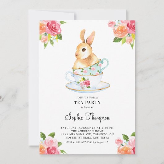 Waterverf Bunny over Teacups Floral Tea Party Kaart (Voorkant)