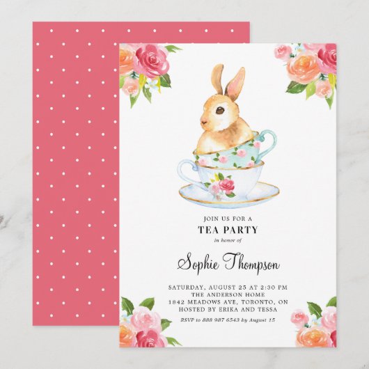 Waterverf Bunny over Teacups Floral Tea Party Kaart (Voorkant / Achterkant)