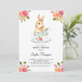 Waterverf Bunny over Teacups Floral Vrijgezellenfe Kaart (Staand voorkant)