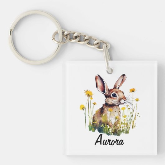 Waterverf Bunny Paardebloem Vierkant Sleutelhanger (Voorkant)