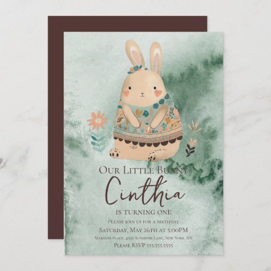 Waterverf Bunny Paaspastel Boho Birthday Invi Kaart (Voorkant / Achterkant)