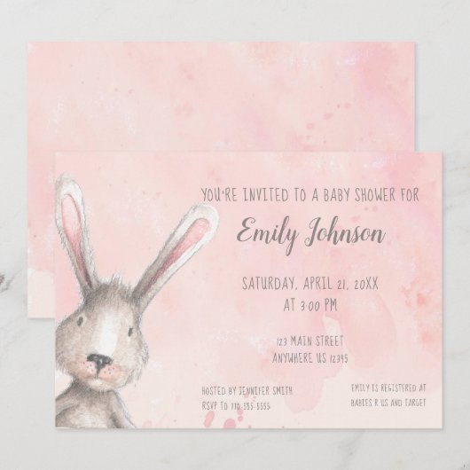 Waterverf Bunny Rabbit gepersonaliseerd baby showe Kaart (Voorkant / Achterkant)