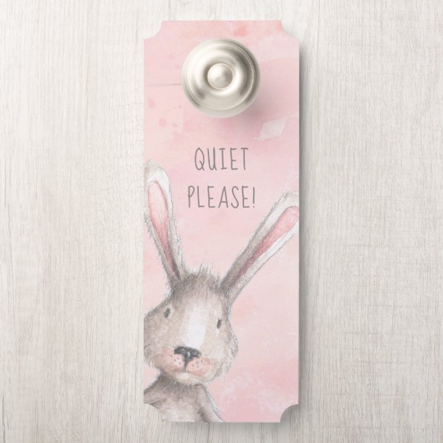 Waterverf Bunny Rabbit Quiet Alsjeblieft! Deurhanger (Op knop)