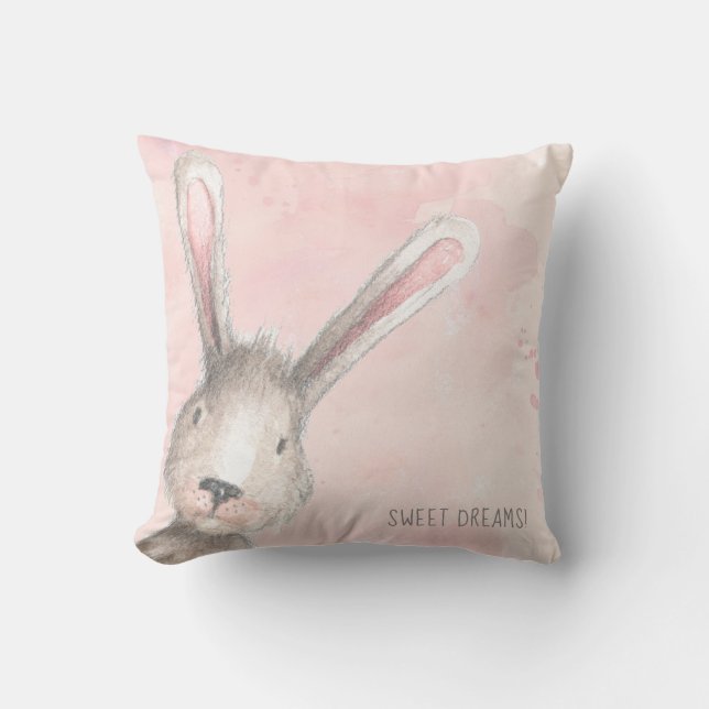 Waterverf Bunny Rabbit Sweet Dreams, aangepast Kussen (Voorkant)