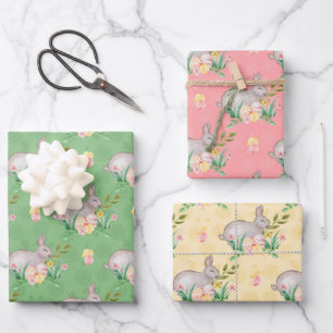 Waterverf Bunny Spring Floral  Pasen Inpakpapier Vel