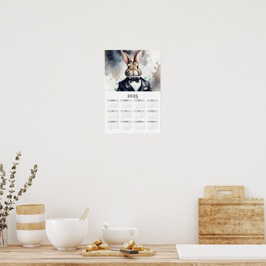 Waterverf Bunny Tuxedo Bow Stropdas 2025 Wandkalen Poster (Keuken)