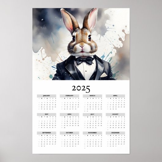 Waterverf Bunny Tuxedo Bow Stropdas 2025 Wandkalen Poster (Voorkant)