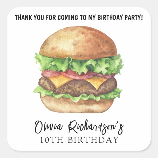 Waterverf Burger Party Verjaardag Bedankt Vierkante Sticker (Voorkant)