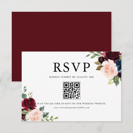 Waterverf Burgundy and Blue Flowers QR Code RSVP Kaartje (Voorkant / Achterkant)