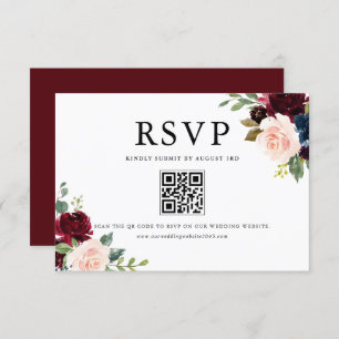 Waterverf Burgundy and Blue Flowers QR Code RSVP Kaartje
