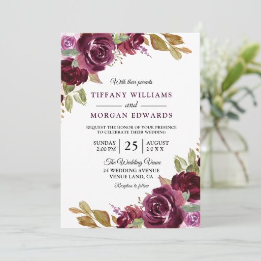 Waterverf Burgundy Berry Flowers Wedding Kaart (Staand voorkant)