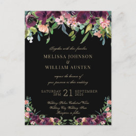 Waterverf Burgundy Black Floral Wedding Uitnodiging Briefkaart