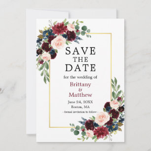Waterverf Burgundy Blue Floral Elegant Gold Lijst Save The Date