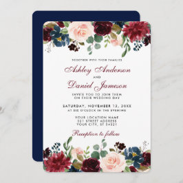 Waterverf Burgundy Blue Floral Elegant Wedding B Kaart