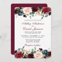 Waterverf Burgundy Blue Floral Elegant Wedding
