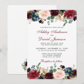 Waterverf Burgundy Blue Floral Elegant Wedding W Kaart (Voorkant / Achterkant)