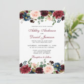 Waterverf Burgundy Blue Floral Elegant Wedding W Kaart (Staand voorkant)