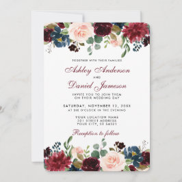 Waterverf Burgundy Blue Floral Elegant Wedding W Kaart