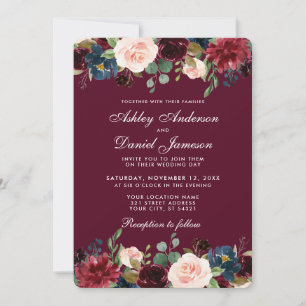 Waterverf Burgundy Blue Floral Elegant Wedding WB Kaart