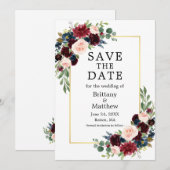 Waterverf Burgundy Blue Floral Gold Lijst Save The Date (Voorkant / Achterkant)
