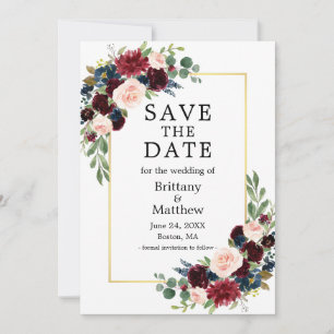 Waterverf Burgundy Blue Floral Gold Lijst Save The Date