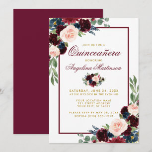 Waterverf Burgundy Blue Floral Gold Quinceanera Kaart