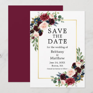 Waterverf Burgundy Blue Floral Gold Save The Date