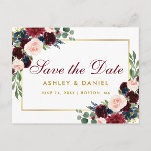 Waterverf Burgundy Blue Floral Gold Save the Date Aankondigingskaart