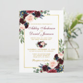 Waterverf Burgundy Blue Floral Gold Wedding B Kaart (Staand voorkant)