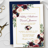 Waterverf Burgundy Blue Floral Gold Wedding B Kaart