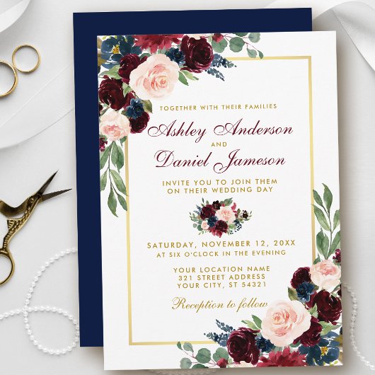 Waterverf Burgundy Blue Floral Gold Wedding B Kaart