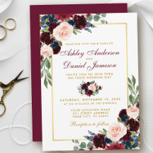 Waterverf Burgundy Blue Floral Gold Wedding BG