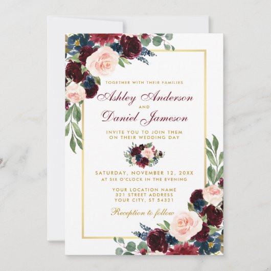 Waterverf Burgundy Blue Floral Gold Wedding W Kaart (Voorkant)
