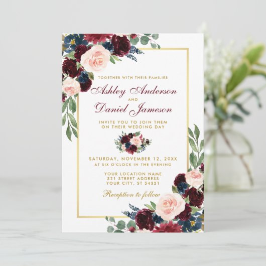 Waterverf Burgundy Blue Floral Gold Wedding W Kaart (Staand voorkant)