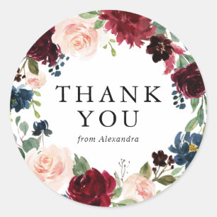 Waterverf Burgundy & Blue Floral Hartelijk dank Ronde Sticker