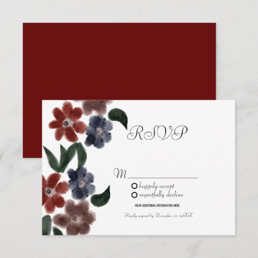 Waterverf Burgundy Blue  Floral Kraft RSVP Kaart (Voorkant / Achterkant)