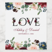 Waterverf Burgundy Blue Floral Love Wedding Wijn Etiket (Enkel label)