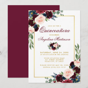 Waterverf Burgundy Blue Floral Quinceanera Gold Kaart
