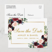 Waterverf Burgundy Blue Floral redt de datum goud Aankondigingskaart (Voorkant / Achterkant)