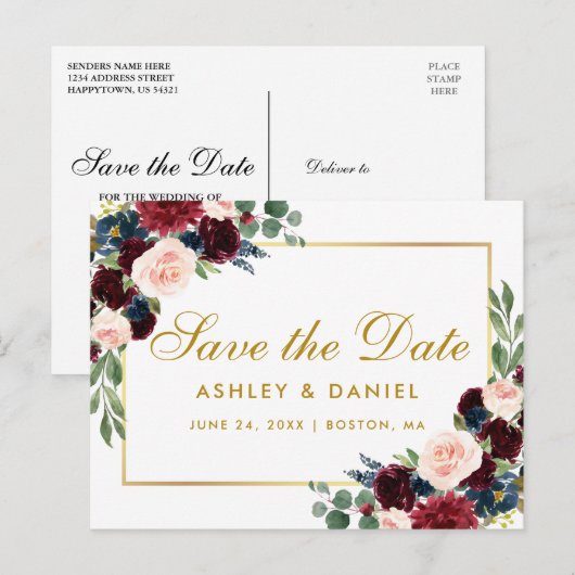Waterverf Burgundy Blue Floral redt de datum goud Aankondigingskaart (Voorkant / Achterkant)