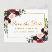 Waterverf Burgundy Blue Floral redt de datum goud Aankondigingskaart (Voorkant)