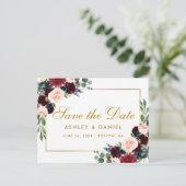Waterverf Burgundy Blue Floral redt de datum goud Aankondigingskaart (Staand voorkant)
