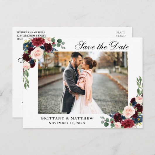 Waterverf Burgundy Blue Floral Save the Date Aankondigingskaart (Voorkant / Achterkant)