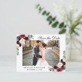 Waterverf Burgundy Blue Floral Save the Date Aankondigingskaart (Staand voorkant)