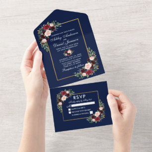 Waterverf Burgundy Blue Floral Wedding All In One Uitnodiging