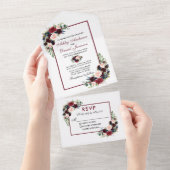 Waterverf Burgundy Blue Floral Wedding All In One Uitnodiging (Afscheurbaar)